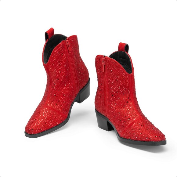 ⚡Girls Red Cowgirl Rhinestone Zipper Boots Ankle Low Heel Dress Booties - Picture 5 of 5